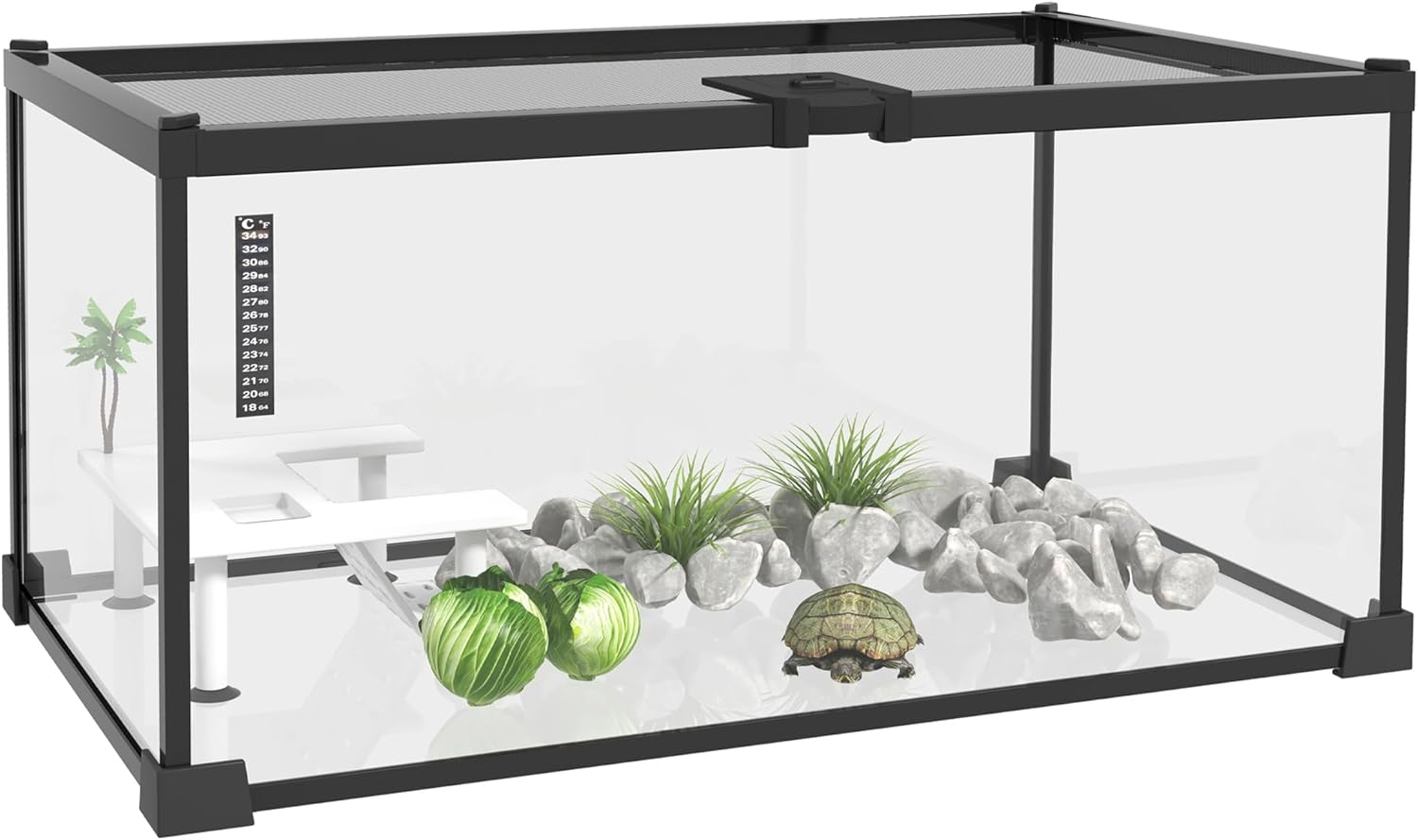 PawHut Boîte à Reptiles Aquarium de Tortues Habitat de Terrarium Couvercle Coulissant Treillis métallique thermomètre Plate-Forme avec Rampe, cocotiers décoratifs et mangeoire Inclus Verre métal