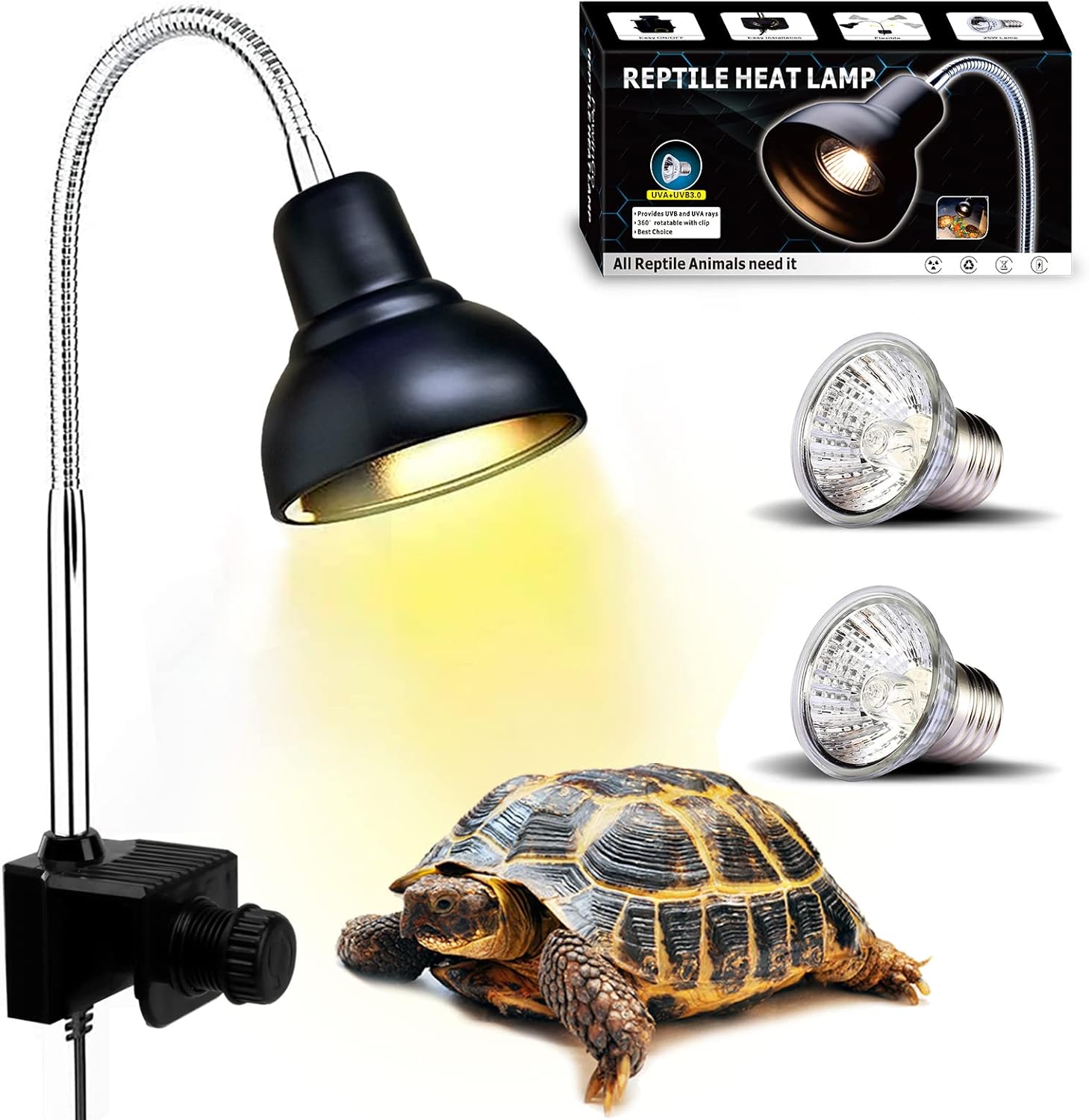 PewinGo Lampe Chauffante Tortue, Lampe Reptiles et Amphibiens avec 2 Ampoules Basking Spot UVA UVB et Pince Pivotante à 360 ° adapté pour Tortue, Serpent, Lézard, Cacatoès, Caméléon etc.