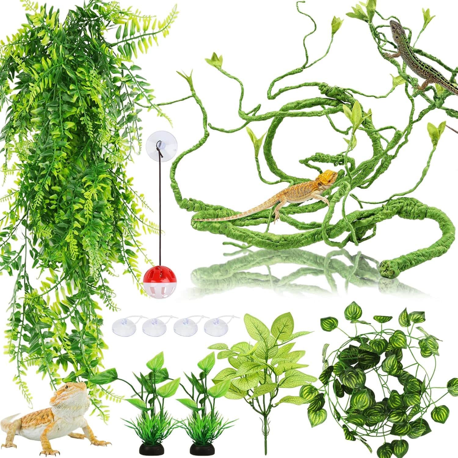 QUOZUO Décoration pour lézards, Plante suspendues Artificielle Terrarium Grandes Plante Decoration Vignes Branche Decorative pour Lézard Escalade, Caméléon, Gecko, Serpents