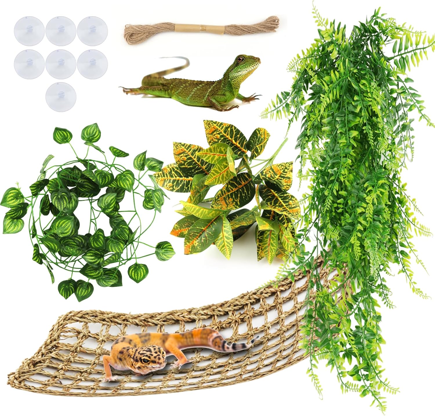 QUOZUO Dragon Barbu Hamac, Naturel Hamac Reptile avec Artificielle Vignes d'escalade et Terrarium Plante Branche Decorative pour Lézard Escalade, Caméléon, Gecko, Serpents