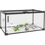PawHut Boîte à Reptiles Aquarium de Tortues Habitat de Terrarium Couvercle Coulissant Treillis métallique thermomètre Plate-Forme avec Rampe, cocotiers décoratifs et mangeoire Inclus Verre métal